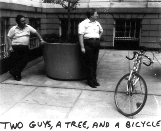 a photo of two men, a tree, and a bicycle